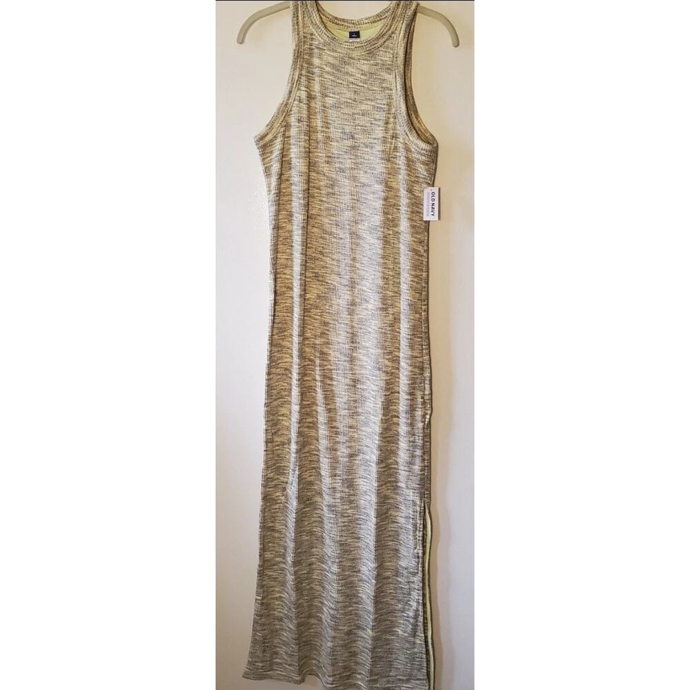 Old Navy Dress Womens M Petite Maxi Sleeveless Tank Space Dye Green Gray Slit LT